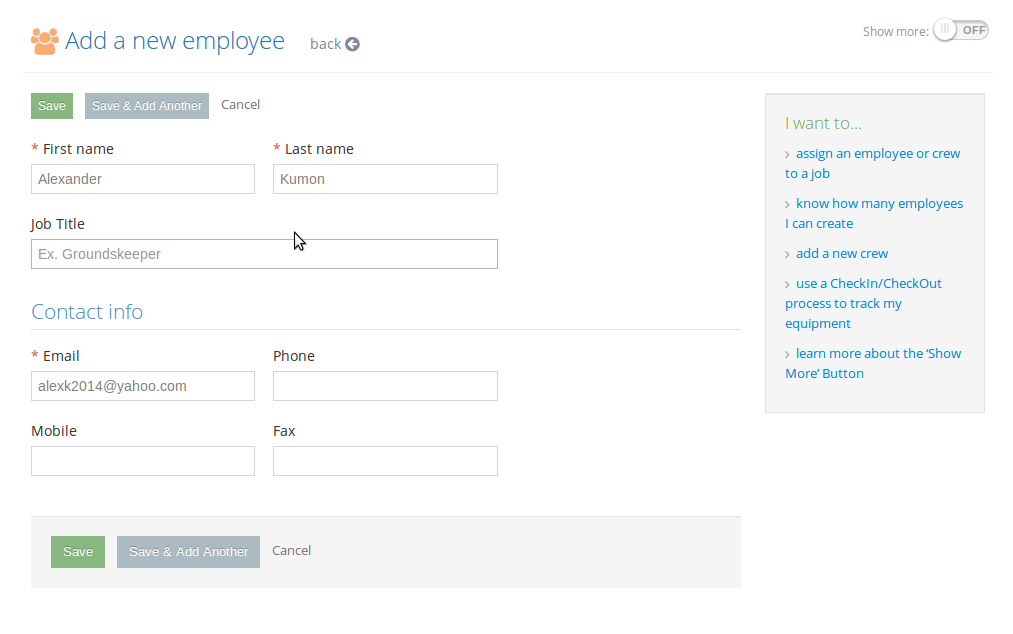 Navigate to the My Company section of the Sitemap - Employees - Add. 